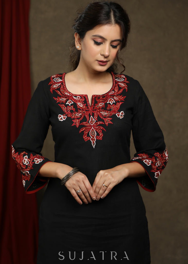 Trendy black cotton tunic with beautiful ajrakh applique on yoke and sleeves