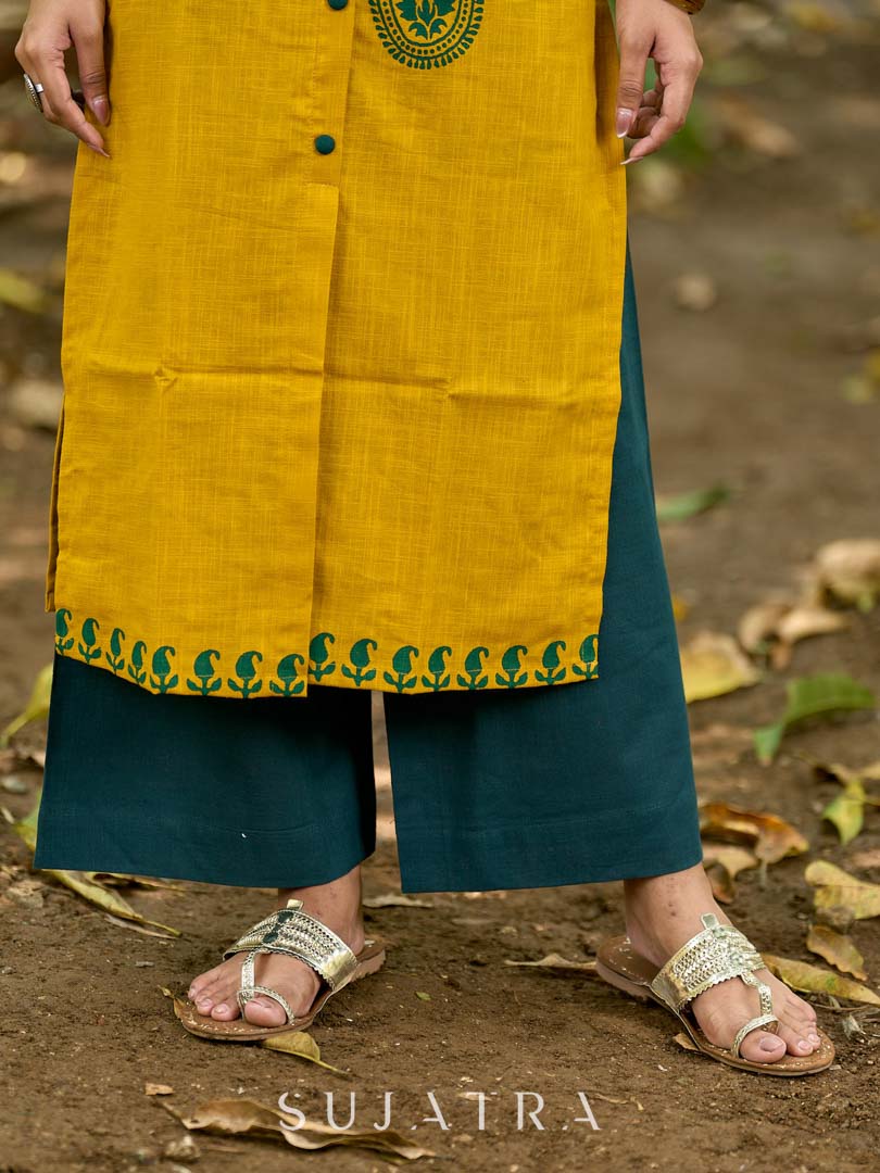 Warm Mustard Cotton Kurta with Timeless Paisley Print and Green Detailing