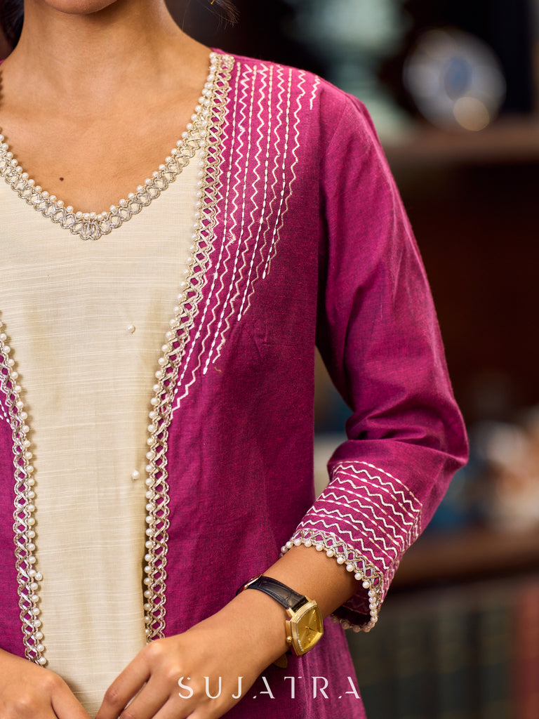Artisanal Handloom Cotton Magenta Jacket Highlighted With Geometric Embroidery And Pearl Accents
