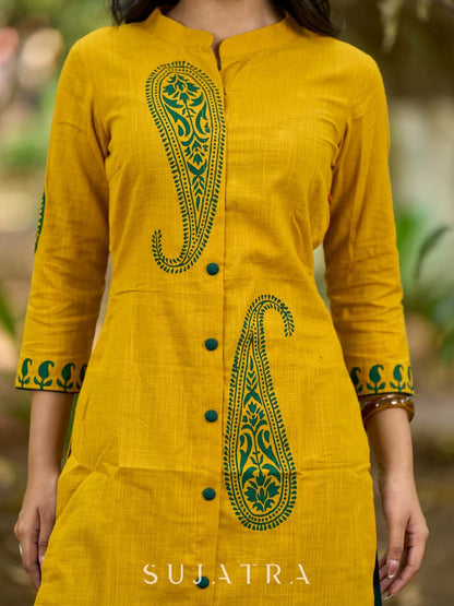 Warm Mustard Cotton Kurta with Timeless Paisley Print and Green Detailing