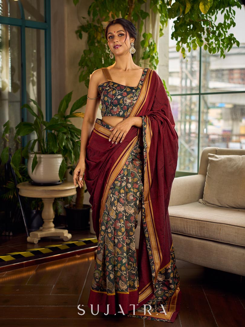 Timeless Dark Green Kalamkari Printed Chanderi Saree with Maroon Khun Pallu