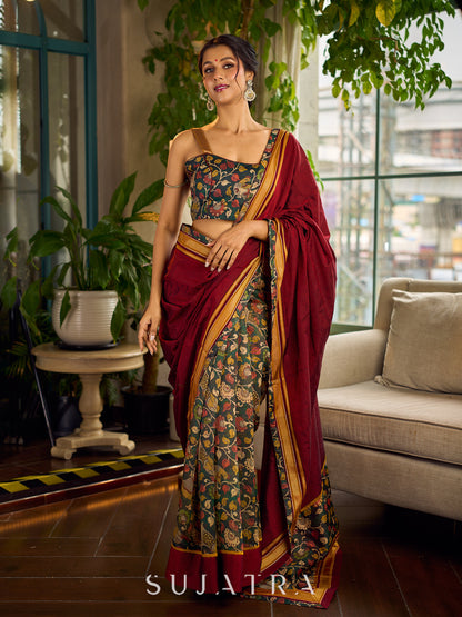 Timeless Dark Green Kalamkari Printed Chanderi Saree with Maroon Khun Pallu