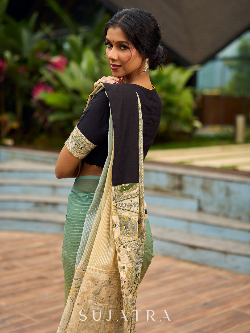 Vibrant Sage-Yellow Ombre Saree with Madhubani Print Border & Black Trim
