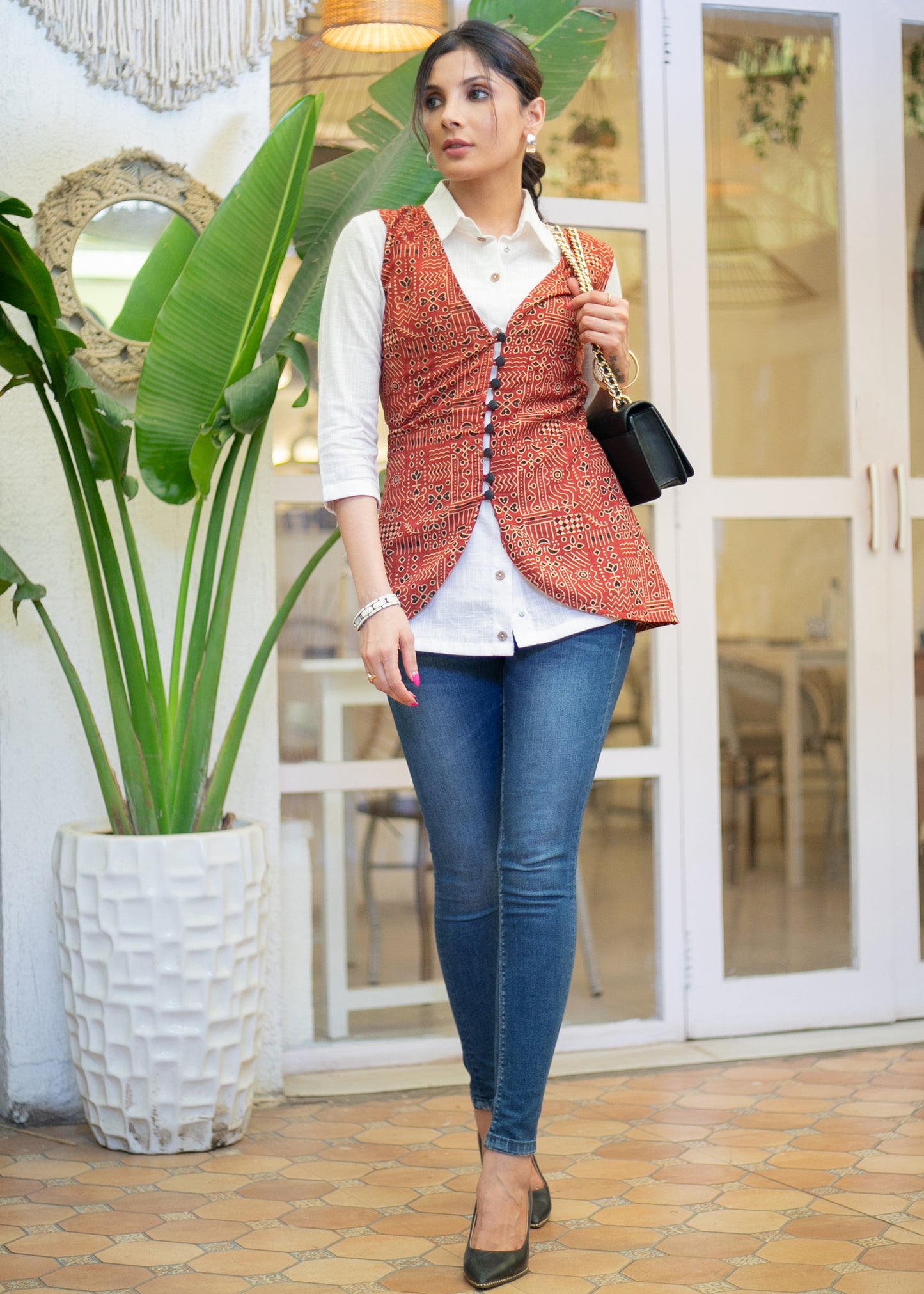 Classy White Cotton Shirt with Maroon Ajrakh Waist Coat