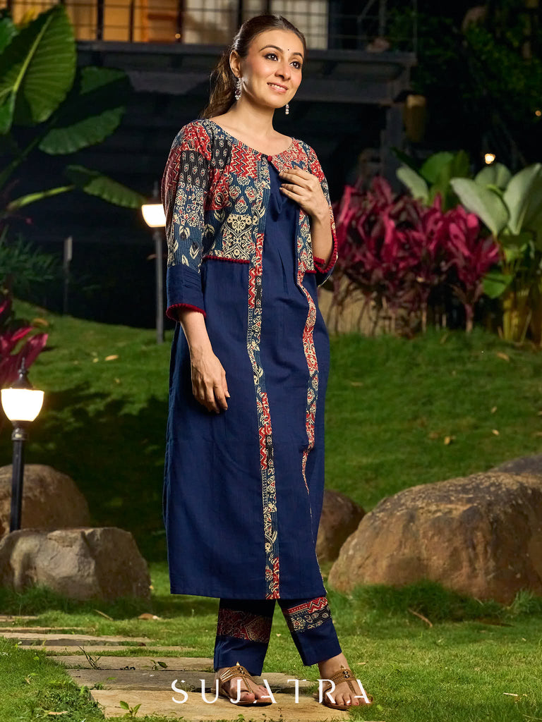 Handcrafted Navy Blue Cotton Kantha Embroidered Kurta