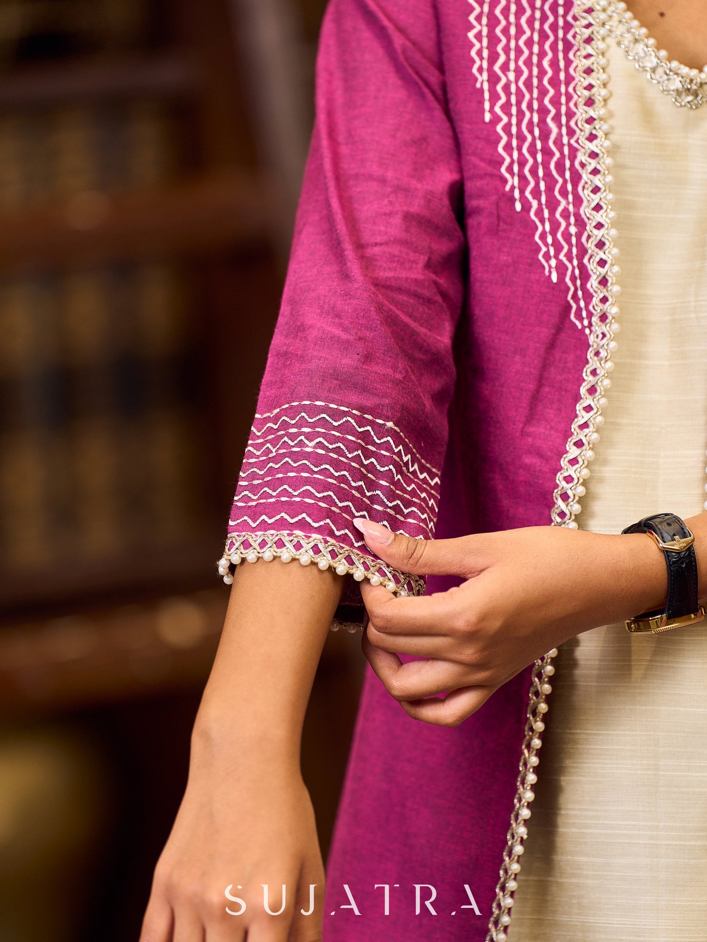 Artisanal Handloom Cotton Magenta Jacket Highlighted With Geometric Embroidery And Pearl Accents - Off white dress Optional