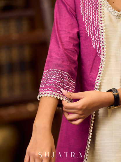 Artisanal Handloom Cotton Magenta Jacket Highlighted With Geometric Embroidery And Pearl Accents - Off white dress Optional