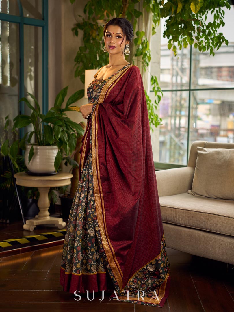 Timeless Dark Green Kalamkari Printed Chanderi Saree with Maroon Khun Pallu