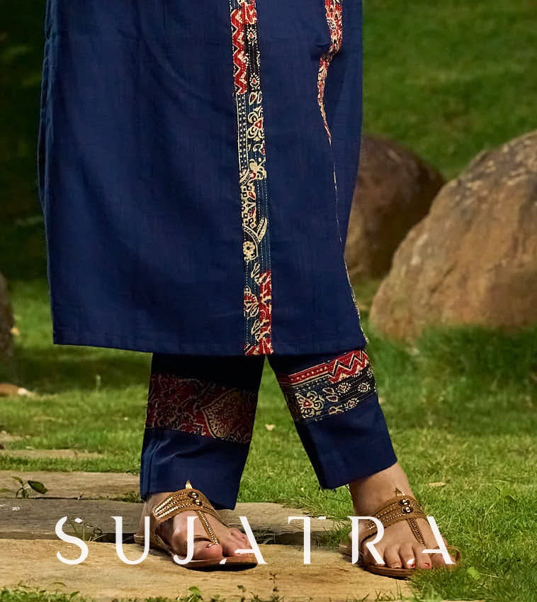 Navy Blue Cotton Pant with Handcrafted Kantha Border Detailing