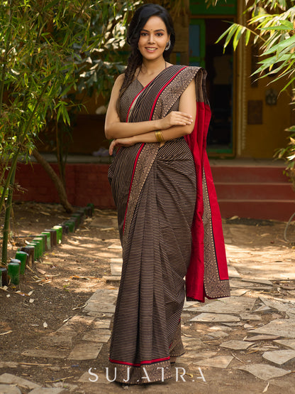 Striped Ajrakh & Madhubani hand painted combination exclusive fusion saree