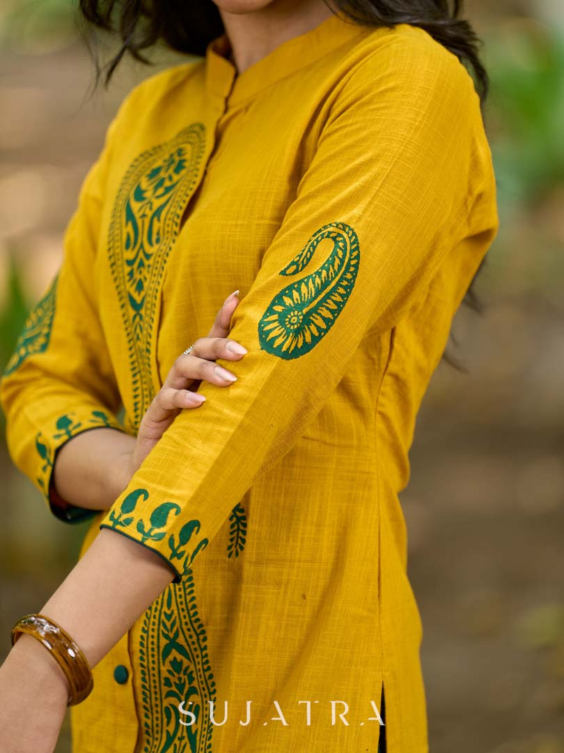 Warm Mustard Cotton Kurta with Timeless Paisley Print and Green Detailing