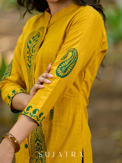 Warm Mustard Cotton Kurta with Timeless Paisley Print and Green Detailing