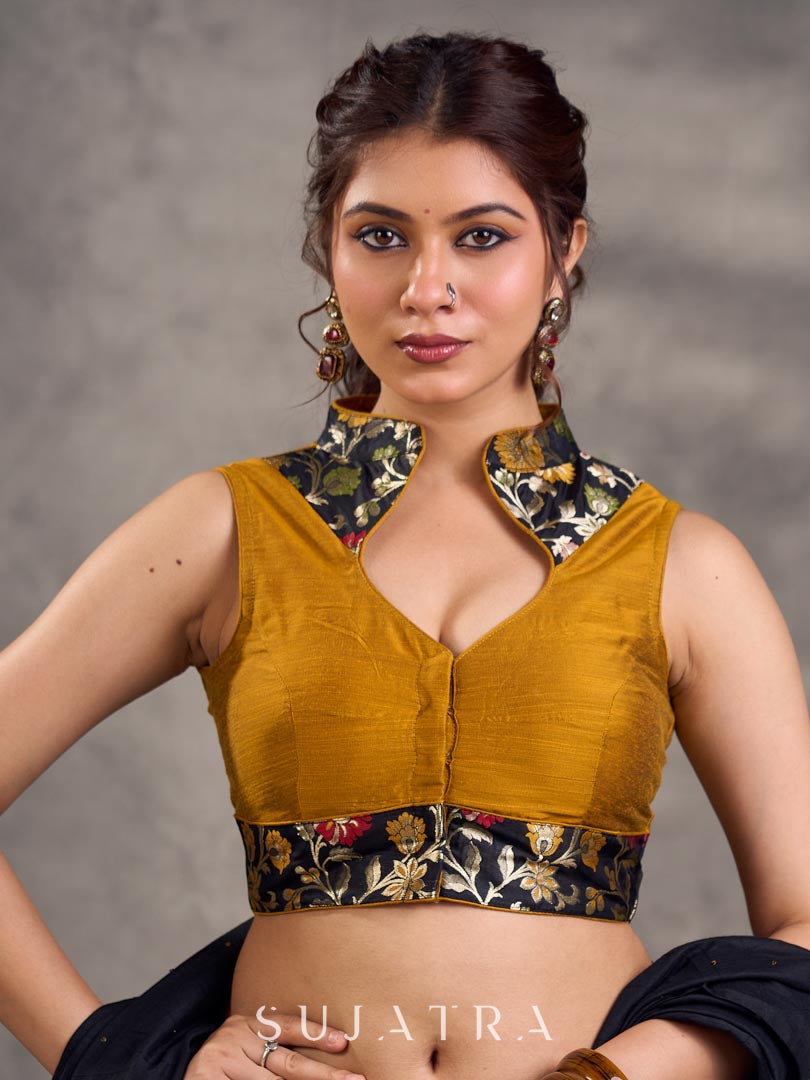 Mustard Cotton Silk Sleeveless Blouse with Black Floral Benarasi Brocade Collar and Hem Border