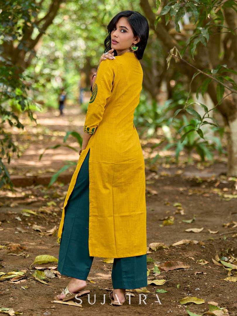 Warm Mustard Cotton Kurta with Timeless Paisley Print and Green Detailing