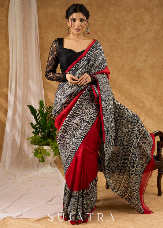 Timeless Maroon Pure Silk Intricate Hand Block Printed Saree