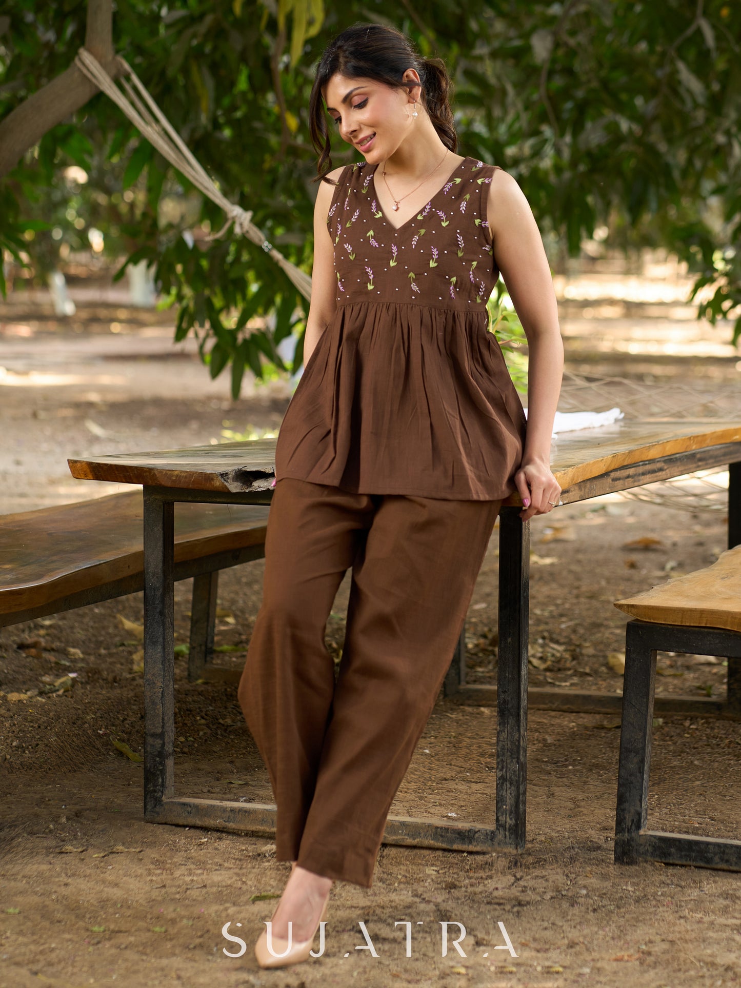 Bohemian Brown Cotton Top with Exquisite Hand Embroidery, Soft Gathers & Graceful V Neckline