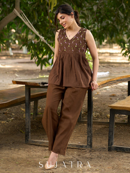Bohemian Brown Cotton Top with Exquisite Hand Embroidery, Soft Gathers & Graceful V Neckline