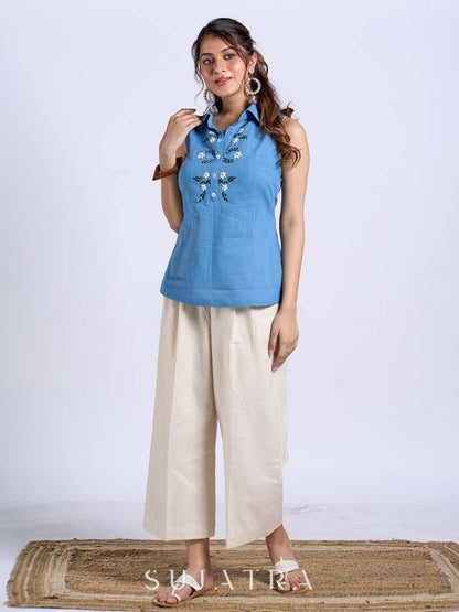 Sky Blue Sleeveless Collared Top with Exquisite Hand Embroidered Florals