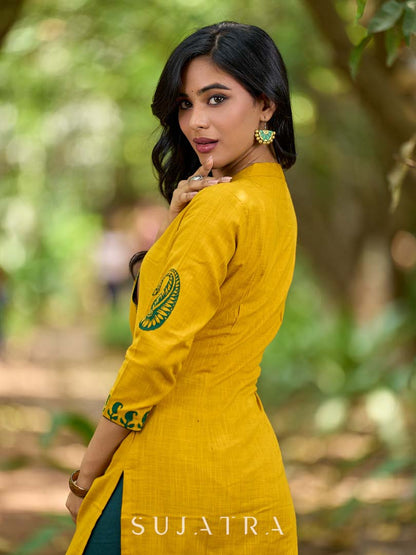Warm Mustard Cotton Kurta with Timeless Paisley Print and Green Detailing
