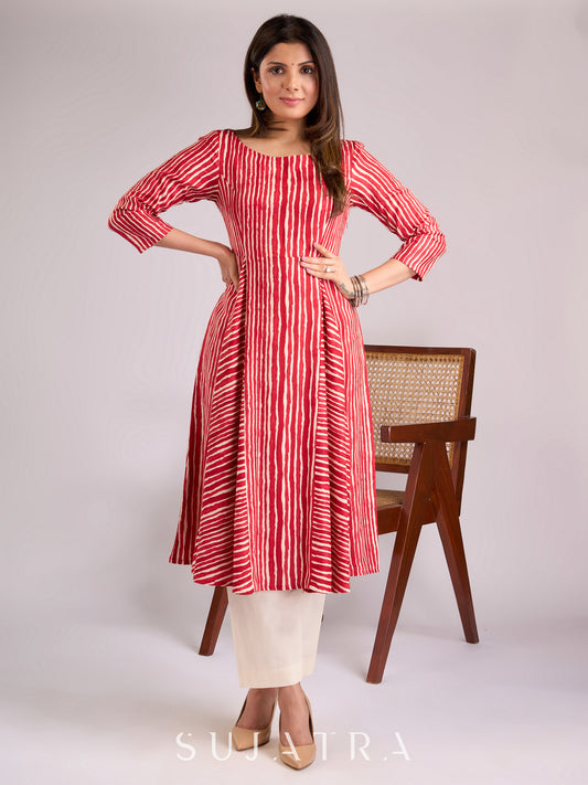 Elegant and flowy Red & White Striped Viscose Flared Kurta