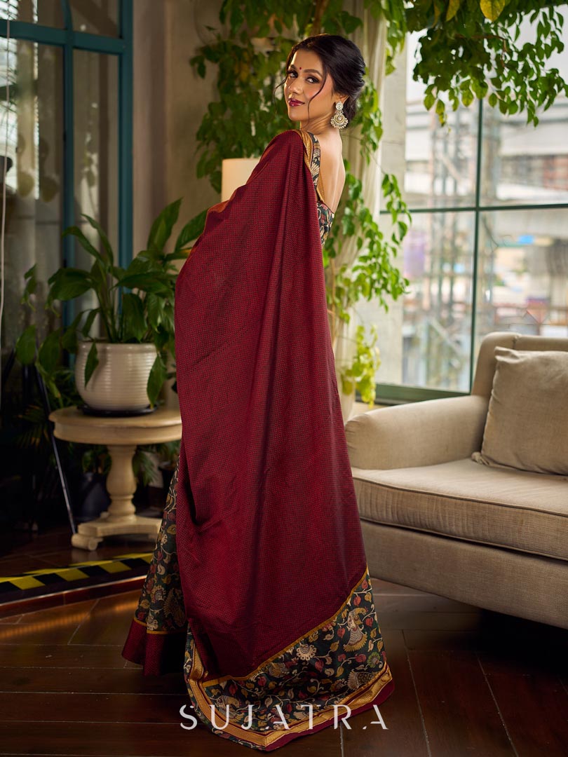 Timeless Dark Green Kalamkari Printed Chanderi Saree with Maroon Khun Pallu