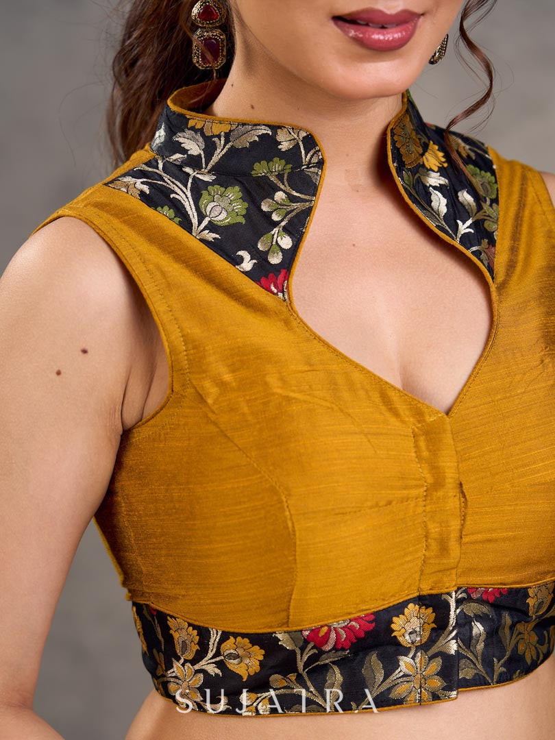 Mustard Cotton Silk Sleeveless Blouse with Black Floral Benarasi Brocade Collar and Hem Border