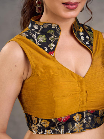 Mustard Cotton Silk Sleeveless Blouse with Black Floral Benarasi Brocade Collar and Hem Border