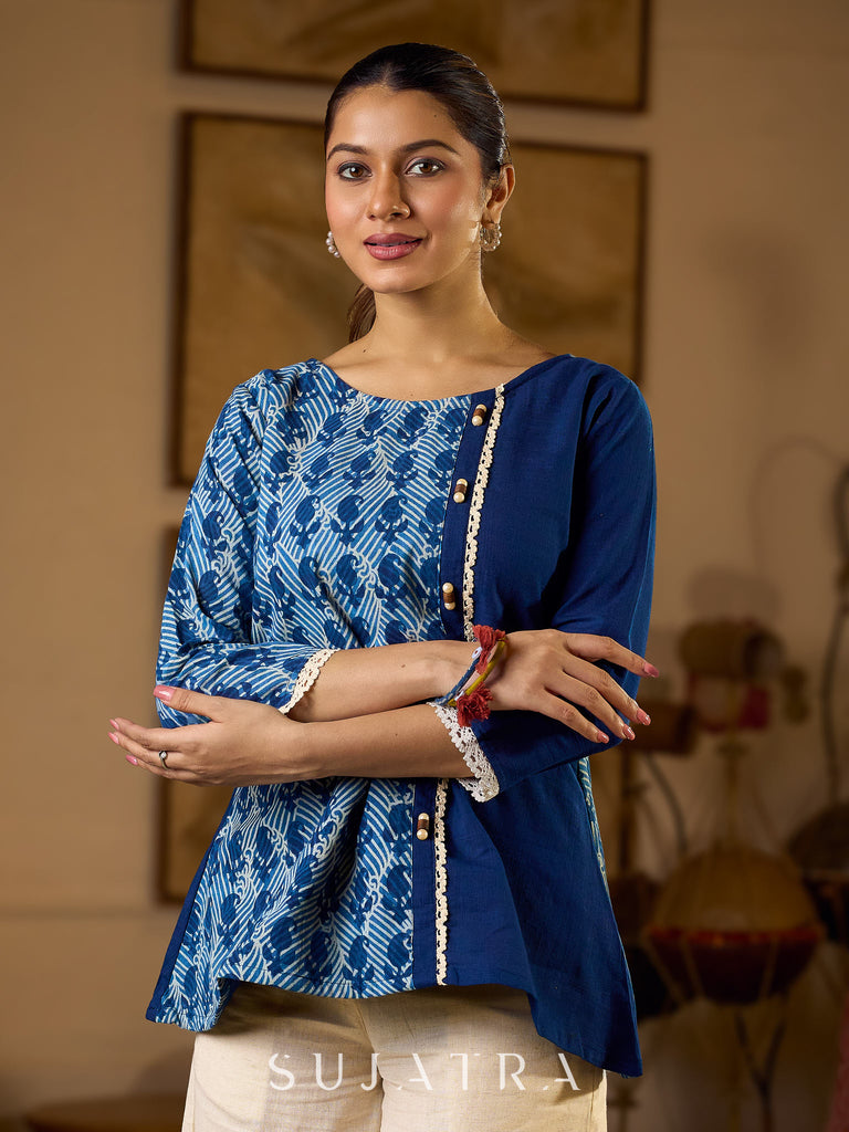 Indigo Paisley Printed Top Finished With Navy Blue Accents And A Refined Pearl Button Detail