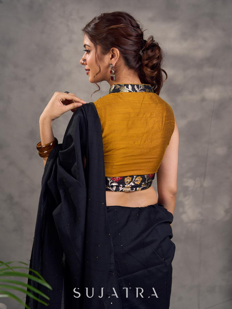 Chic Black Cotton Saree with All-over Sequins Embellishment