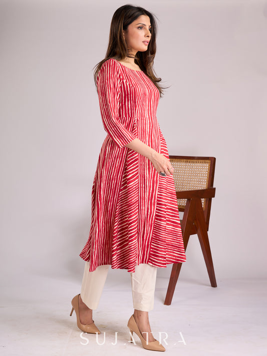 Elegant and flowy Red & White Striped Viscose Flared Kurta