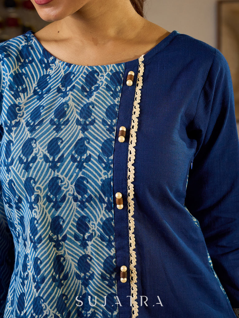 Indigo Paisley Printed Top Finished With Navy Blue Accents And A Refined Pearl Button Detail