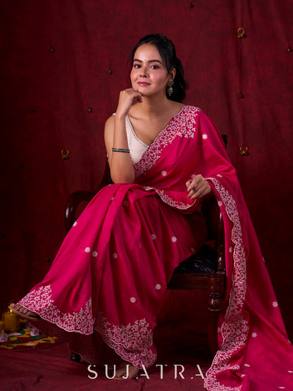 Vibrant Fuchsia Chanderi Saree with Intricate Embroidery & Scalloped Border