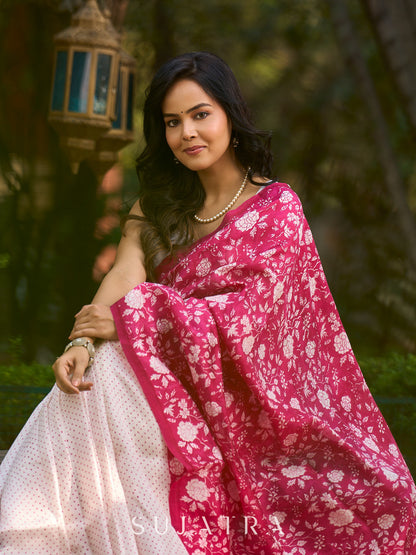 Modern Off-White Pure Silk Block Printed Saree with Delicate Polka Dots & Vibrant Pink Floral Pallu