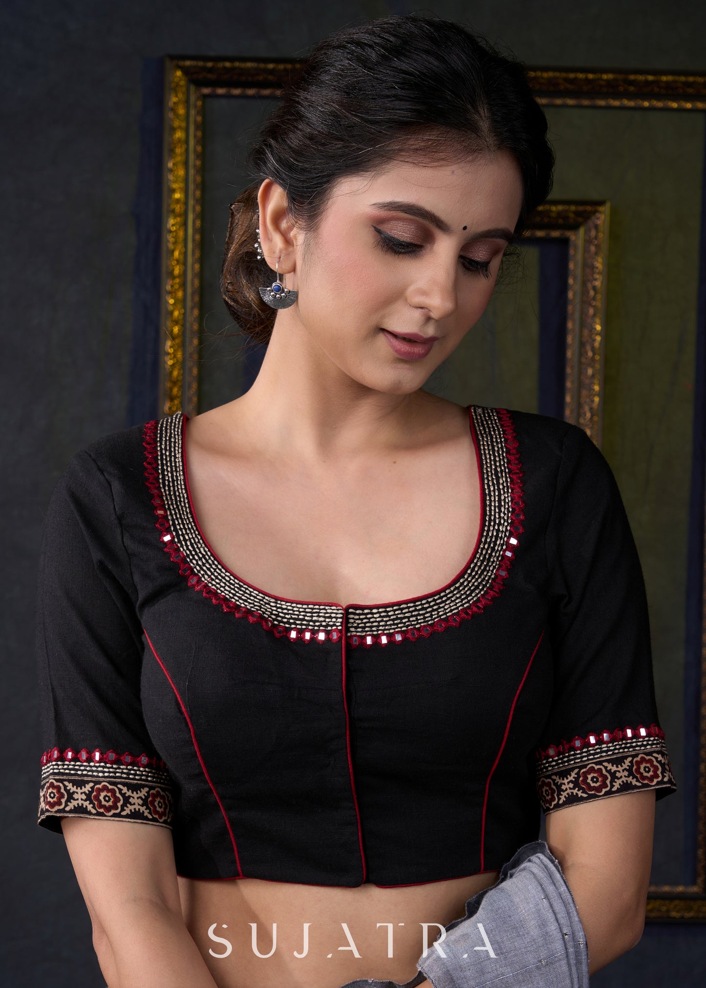 Beautiful Black Embroidered Designer Blouse - Plain Saree Optional