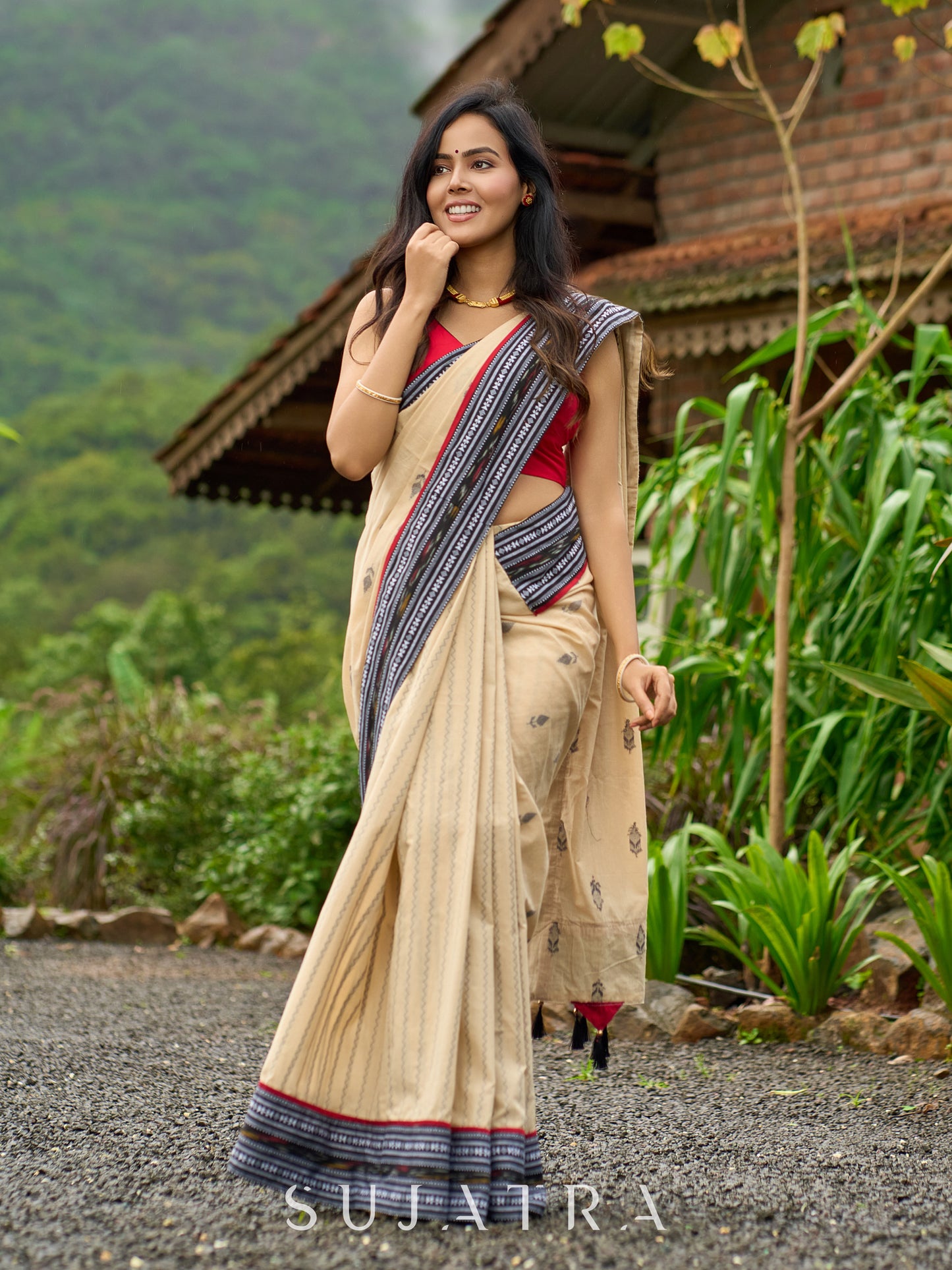 Beige cotton saree enriched with traditional Ikat border and Jamdani accents