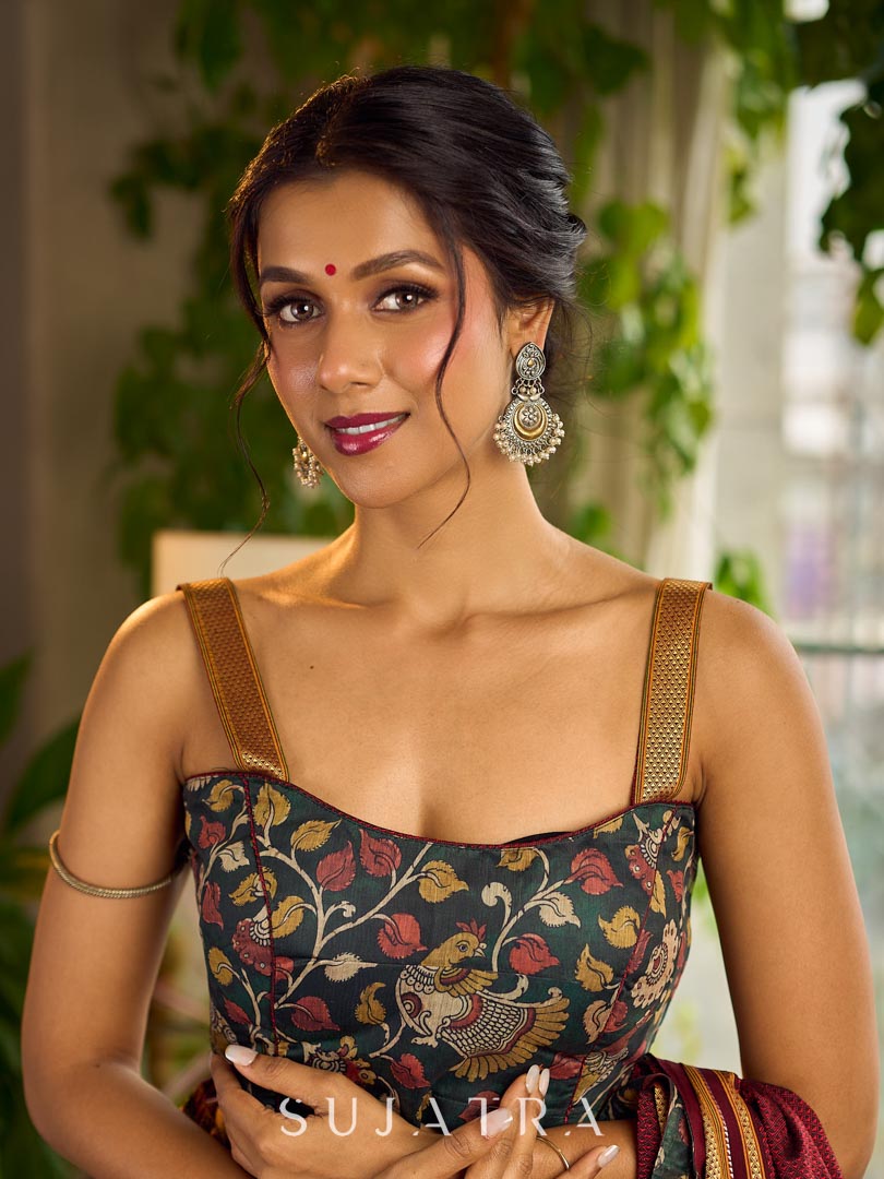 Timeless Dark Green Kalamkari Printed Chanderi Saree with Maroon Khun Pallu