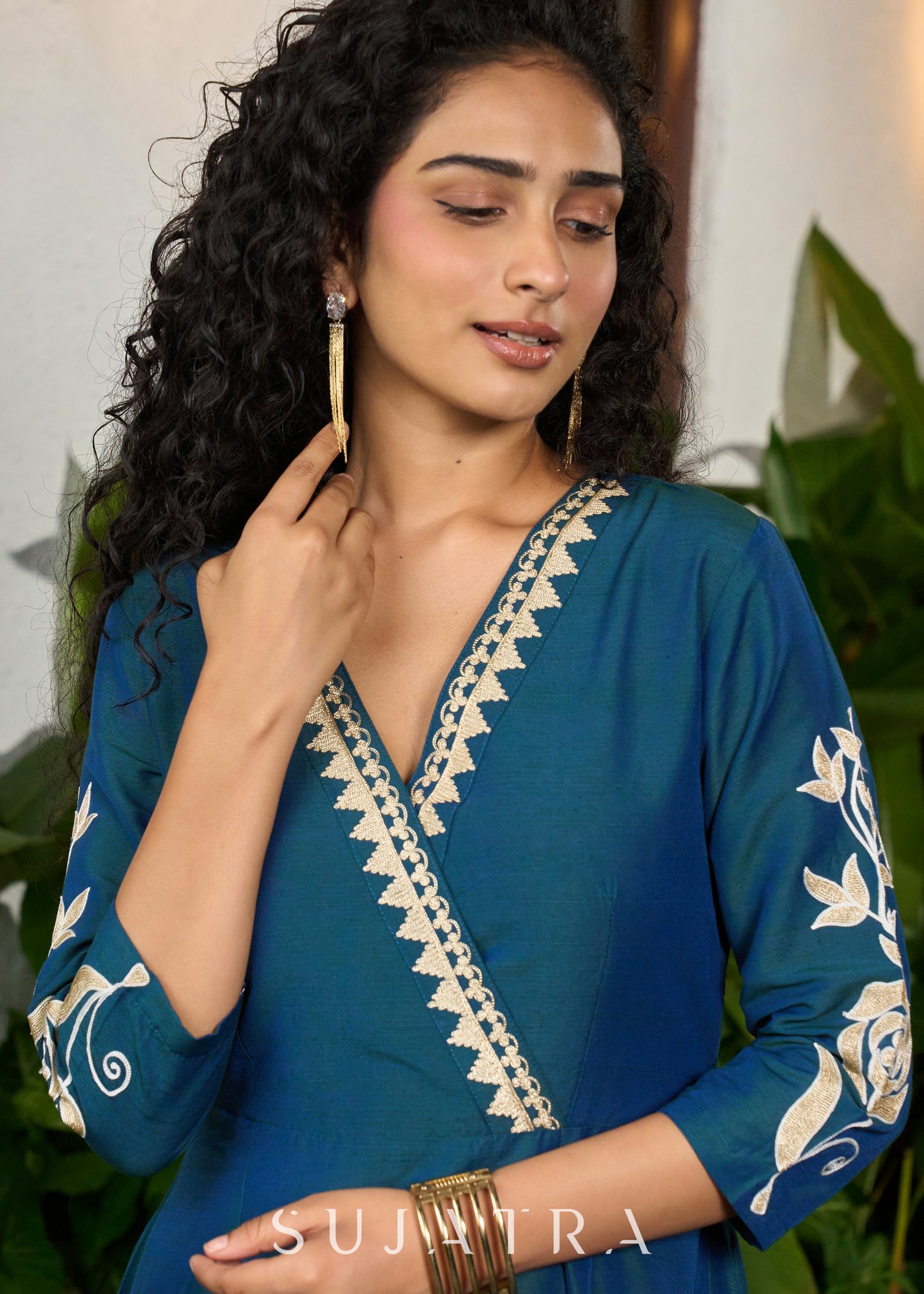 Classy teal cotton silk one piece dress with bold floral embroidery