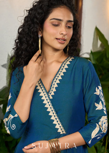 Classy teal cotton silk one piece dress with bold floral embroidery