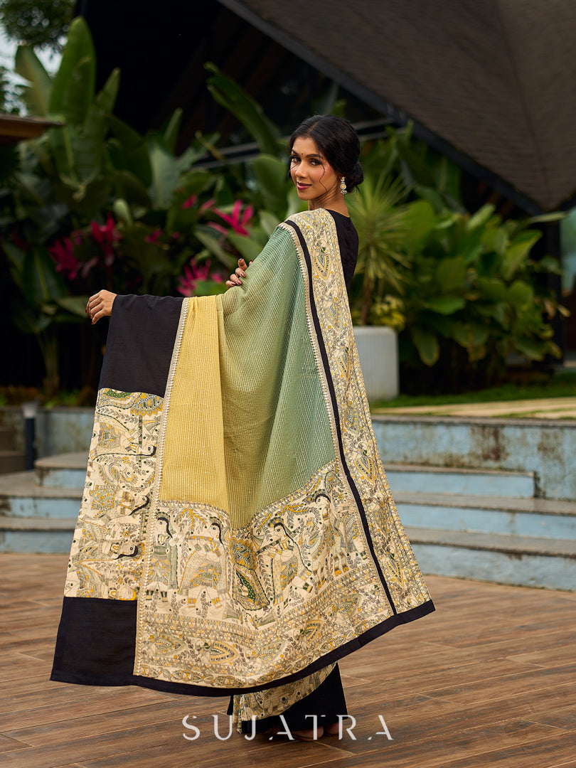 Vibrant Sage-Yellow Ombre Saree with Madhubani Print Border & Black Trim