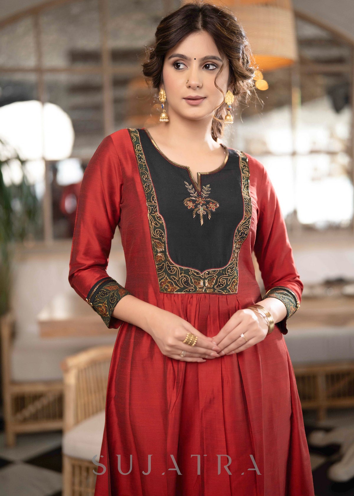 Dussehra Sale — Beautiful A Line Maroon cotton Silk Kurta With Ajrakh Patchwork On Yoke - Pant Optional