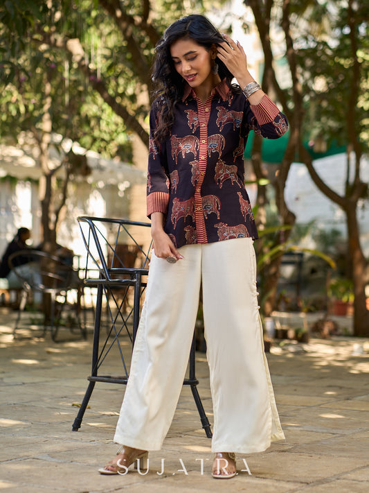 Artisan Black Ajrakh Cotton Shirt with Pichwai Animal Motifs and Highlighted Collar & Cuffs