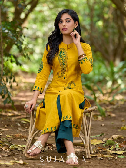 Warm Mustard Cotton Kurta with Timeless Paisley Print and Green Detailing