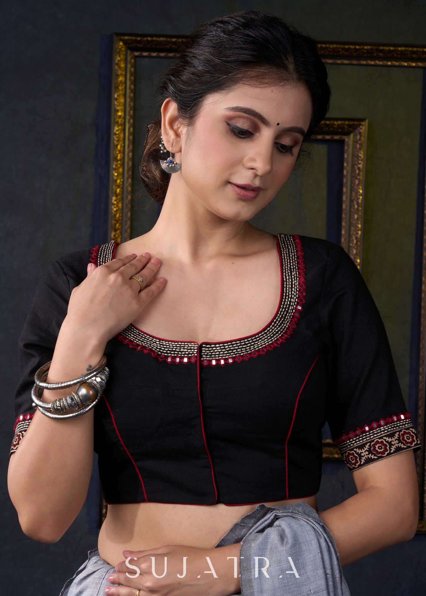 Beautiful Black Embroidered Designer Blouse - Plain Saree Optional