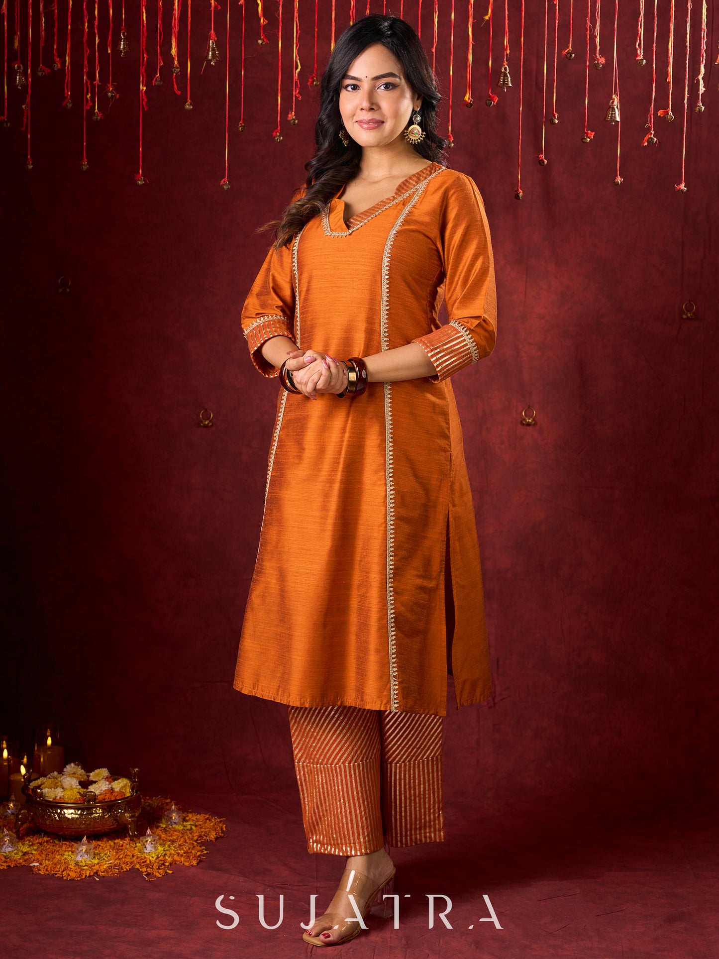 Rust Brocade Striped Straight Pant