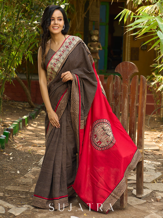 Striped Ajrakh & Madhubani hand painted combination exclusive fusion saree