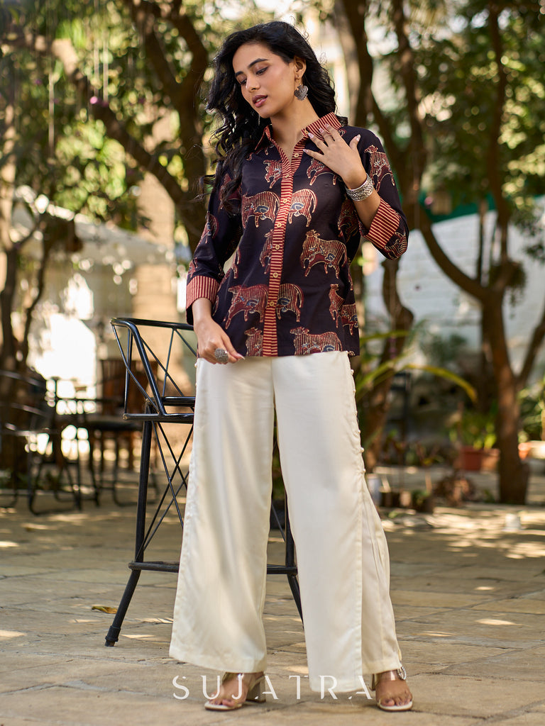 Artisan Black Ajrakh Cotton Shirt with Pichwai Animal Motifs and Highlighted Collar & Cuffs