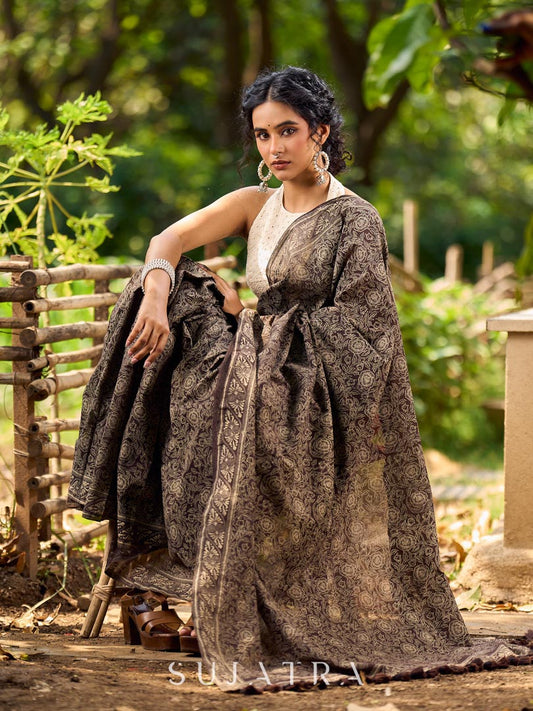 Contemporary Brown Cotton Saree with All-Over Floral Print