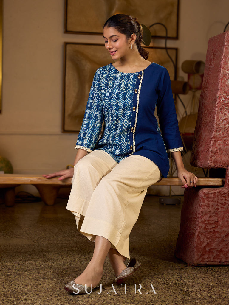 Indigo Paisley Printed Top Finished With Navy Blue Accents And A Refined Pearl Button Detail