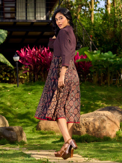 Ajrakh Block Printed Cotton Panel Flared Shirt Dress with Collared Neckline