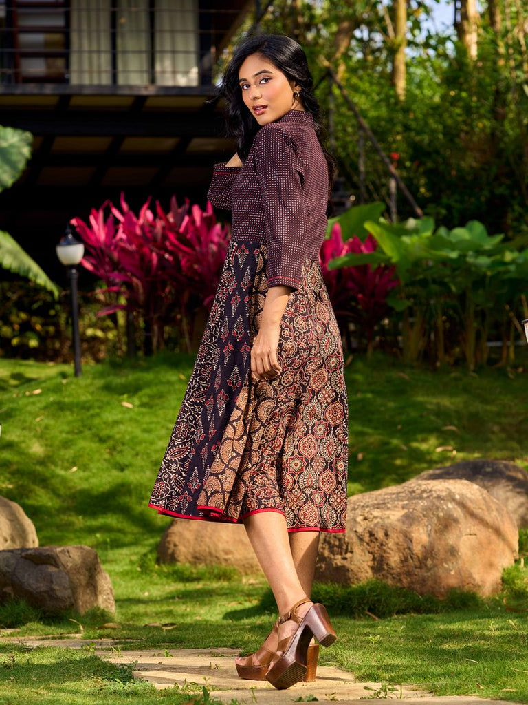 Ajrakh Block Printed Cotton Panel Flared Shirt Dress with Collared Neckline